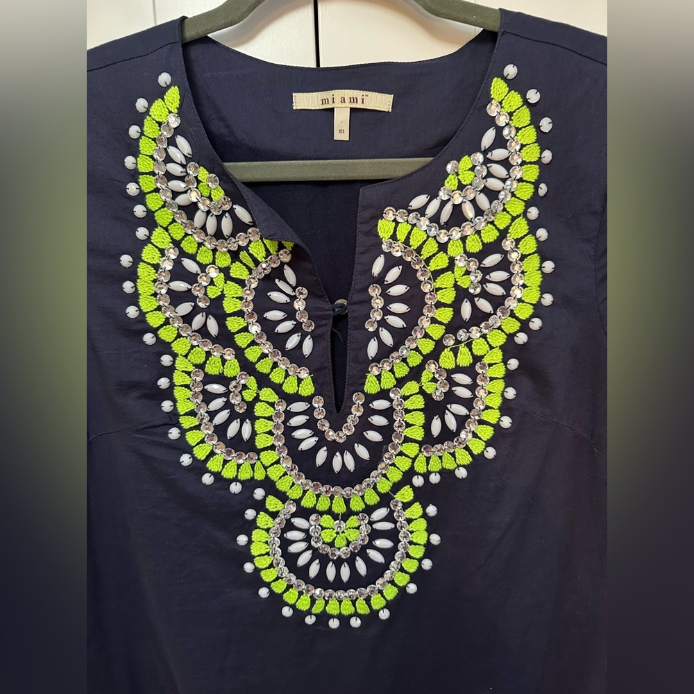 Beaded and Embroidered Accent Miami Tunic Dress Navy Blue and Line Green Sz S/M - Picture 3 of 5